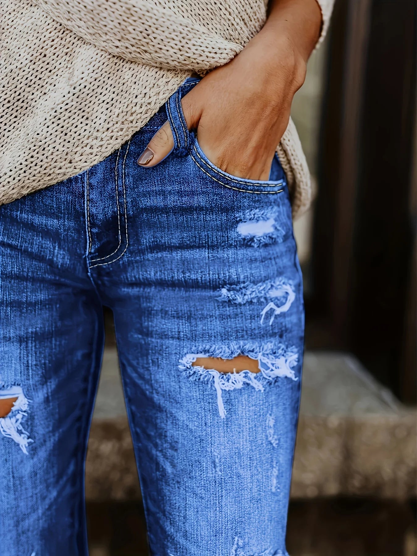 Blue Ripped Skinny Jeans, Distressed Slim Fit Slash Pockets Raw Hem Denim Pants, Women's Denim Jeans & Clothing