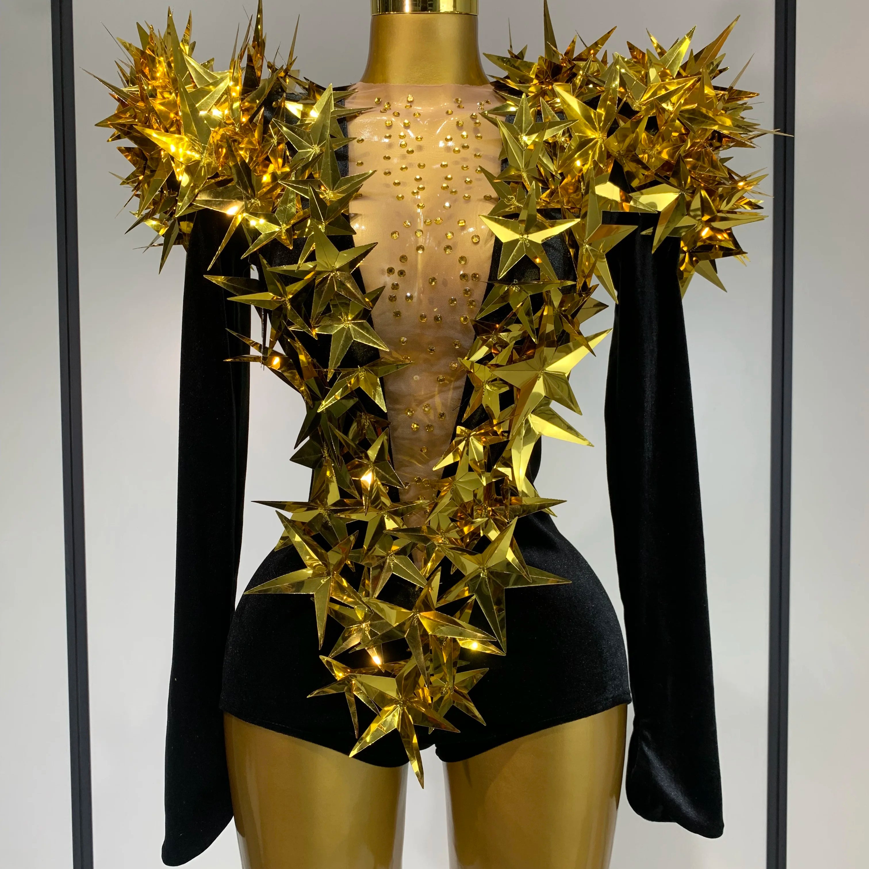 Women Sparkly Gold Rhinestone Black Velvet Long Sleeve Bodysuit Evening Party Club Gala Hosts Night Club Bar Stage Costumes