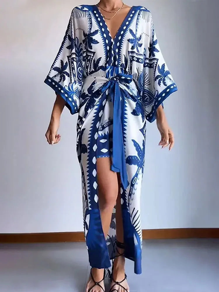 Vintage Bule Print Lace Up Midi Dress Women V Neck Half Sleeve High Waist Vestidos Spring Summer Casual Beach Robes Female