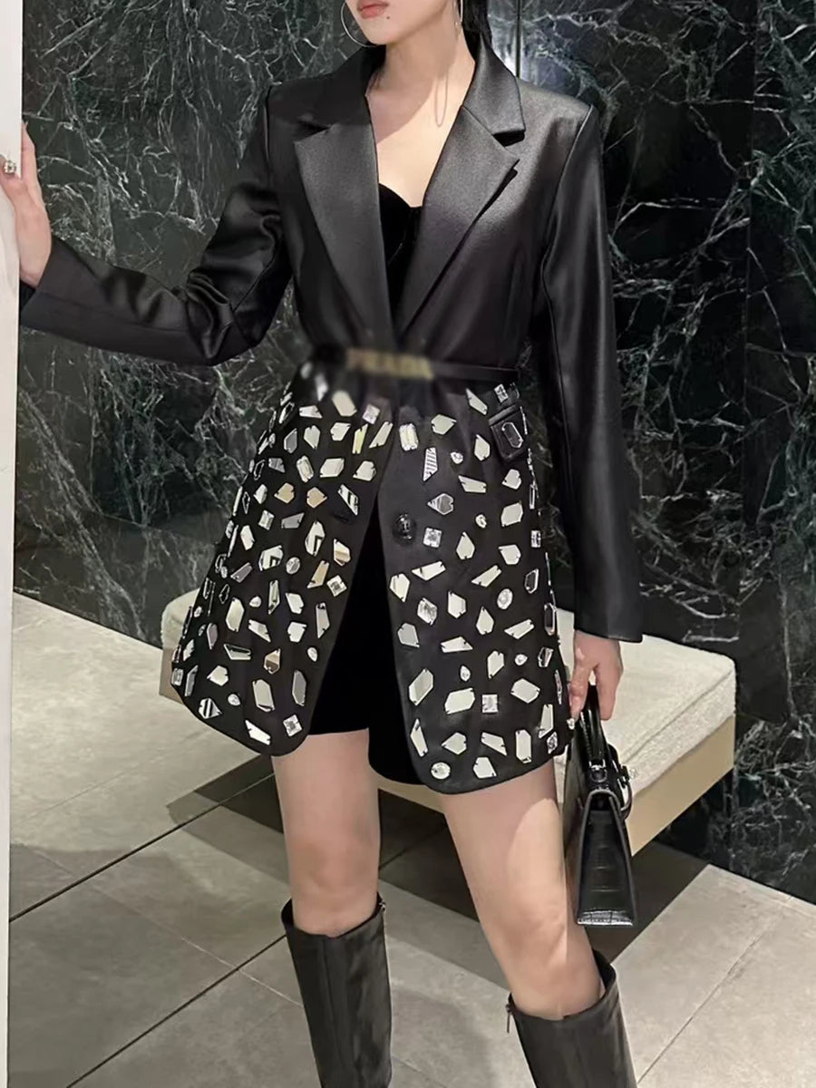 TWOTWINSTYLE Spliced Diamonds Luxurious Jackets for Women Lapel Long Sleeves Patchwork Single Breasted Fashion Jacket Female New