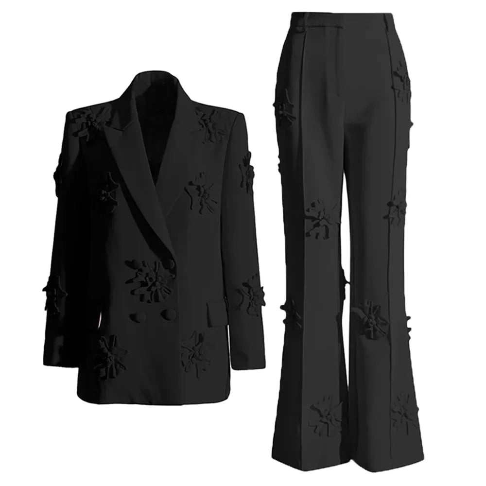 TWOTWINSTYLE Solid Patchwork Appliques Two Piece Sets For Women Lapel Long Sleeve Coat High Waist Pant Chic Set Female Clothing BLACKSET