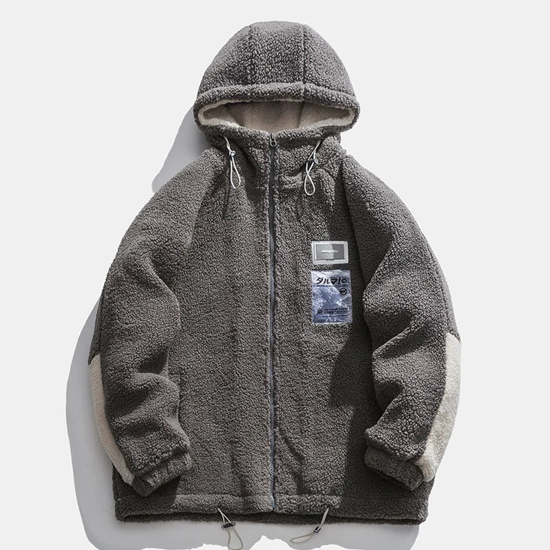 Men Winter Fleece Jacket Lamb Wool Hooded Coat Mens Thick Warm Coat Loose Japanese Streetwear Casual Harajuku Zippered Jacket dark grey