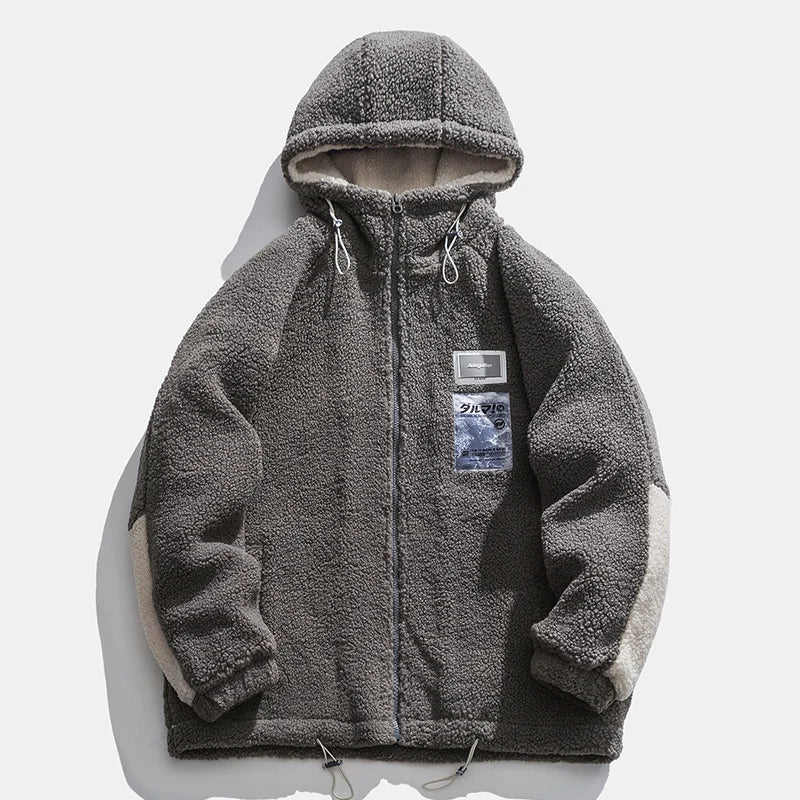 Men Winter Fleece Jacket Lamb Wool Hooded Coat Mens Thick Warm Coat Loose Japanese Streetwear Casual Harajuku Zippered Jacket dark grey