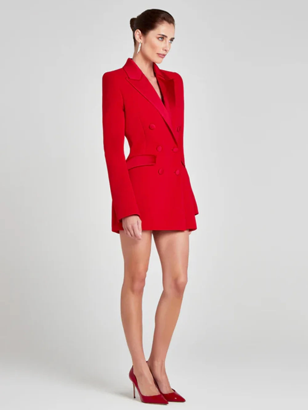 Modphy Women Fashion Double Breasted Red Blazer Coat Notched Neck Long Sleeves Female Outerwear Chic Lady Outfits