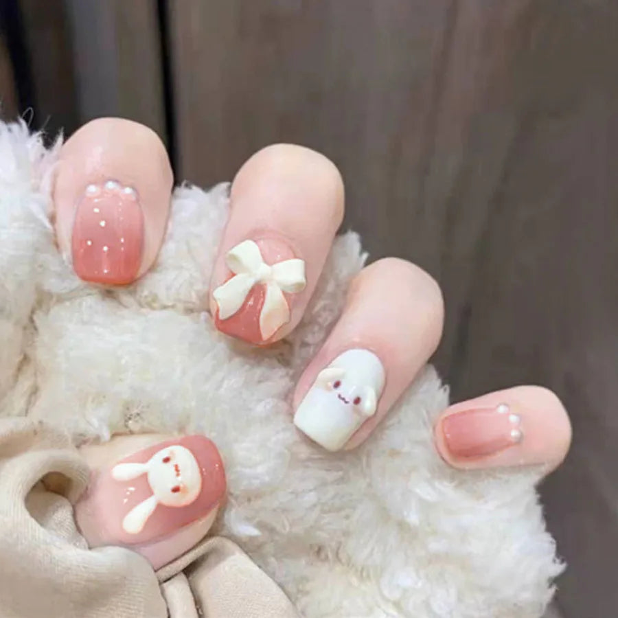 24pcs/set Short Medium fake nails for women girls 3D cute pink bow flowers leopard french square almond tips press on false nail