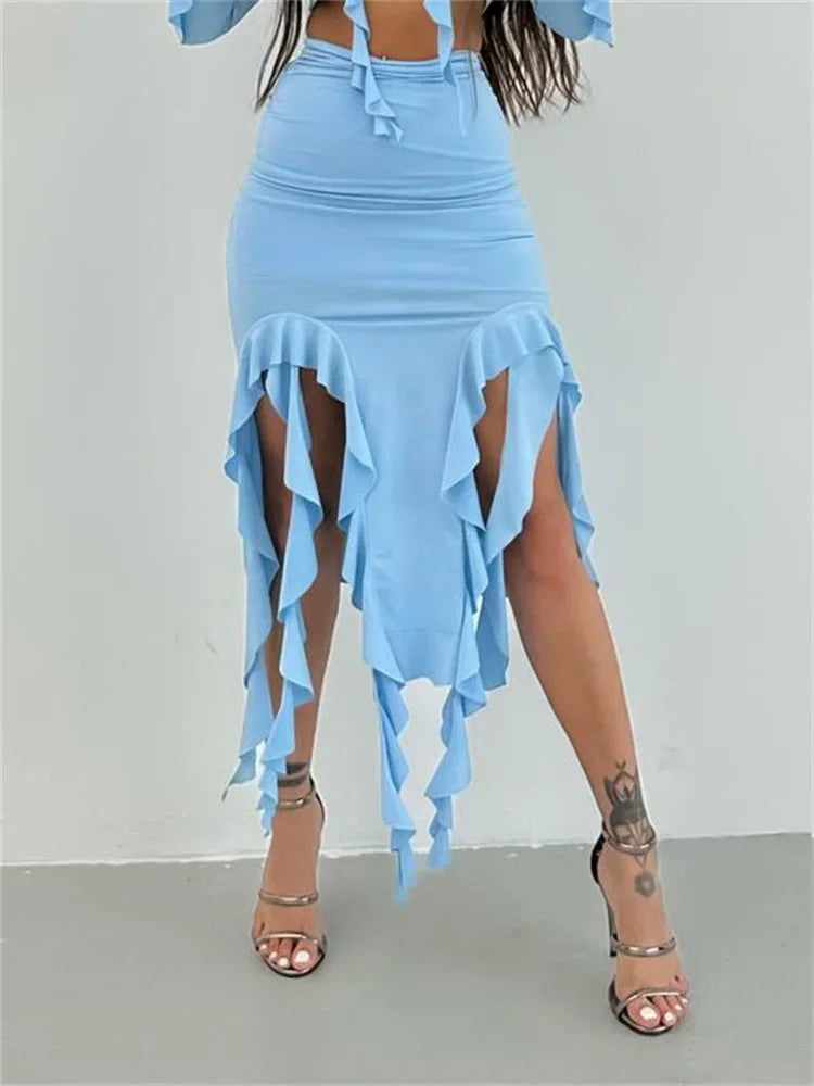 Tossy Tassel Summer Female Long Skirt Ruffled High Waist Broken High Split Fashion Pleated Sexy Solid Patchwork Maxi Skirt 2023 Blue