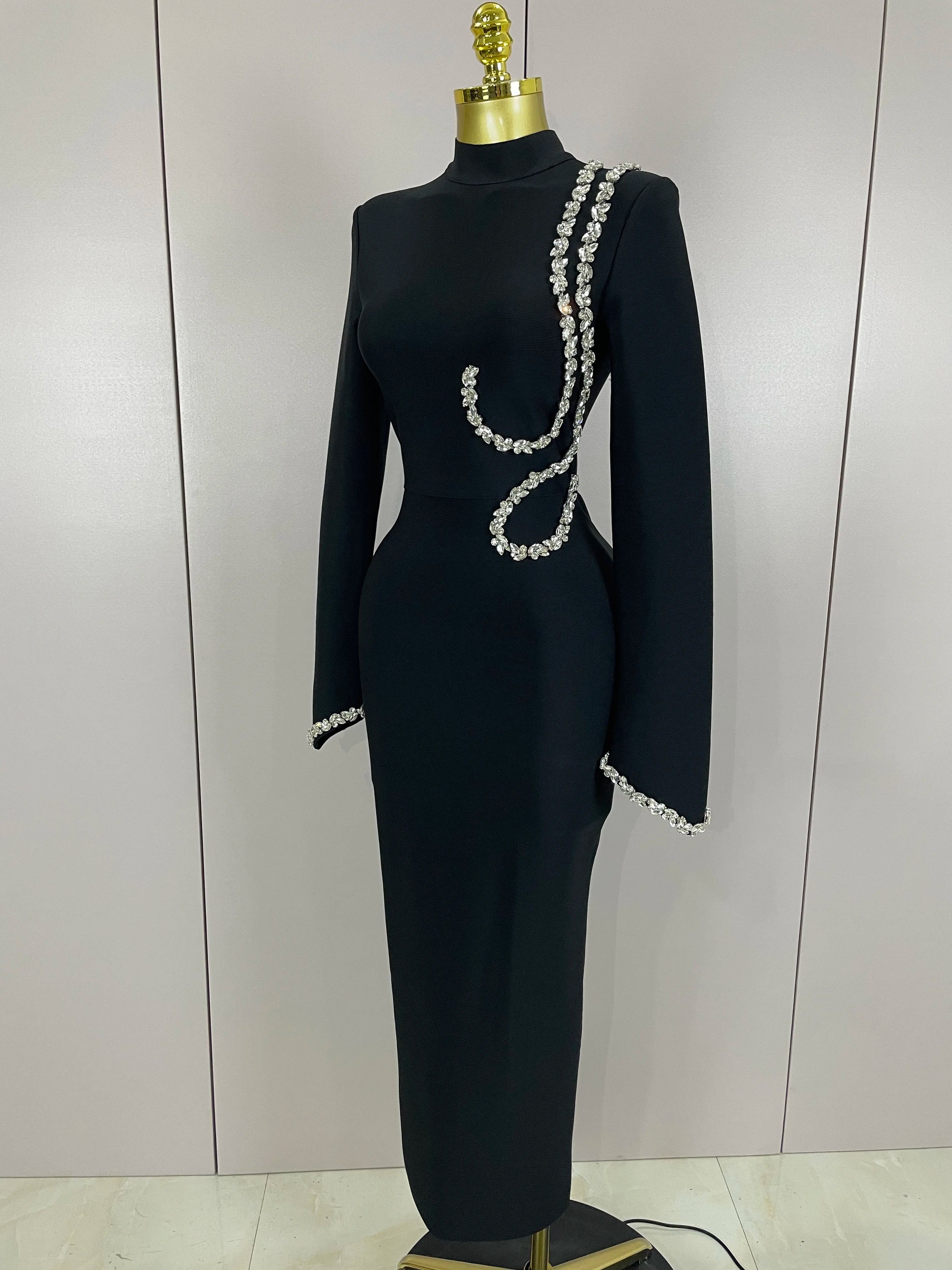 Sexy Long Sleeve Diamonds Maxi Long Bodycon Bandage Dress 2025 Women Celebrity Elegant Evening Party Luxury Birthday Dresses
