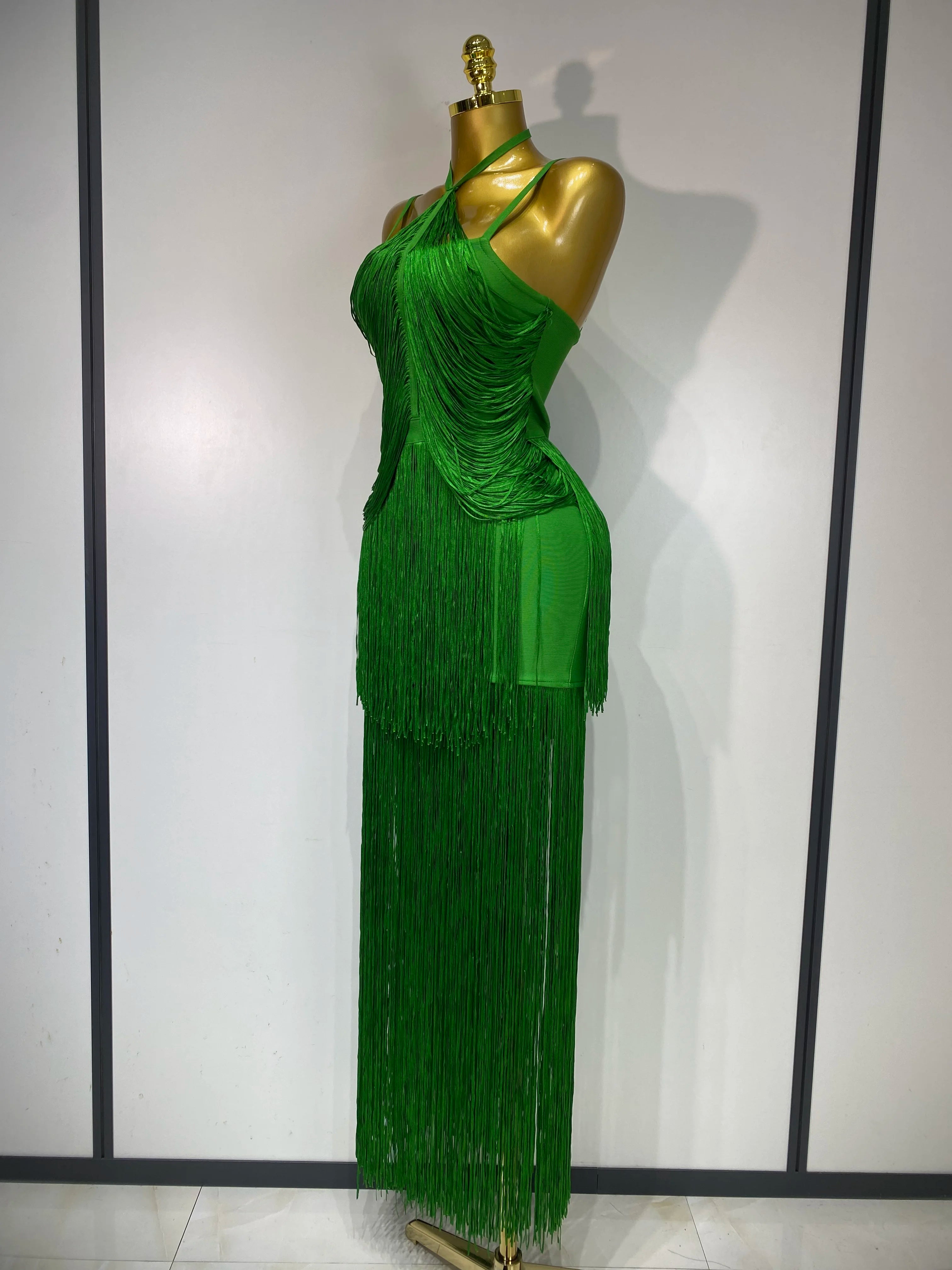 Women Sexy Backless Tassel Green Ankle Bodycon Bandage Dress 2025 Celebrity Elegant Evening Club Luxury Birthday Party Outfit 