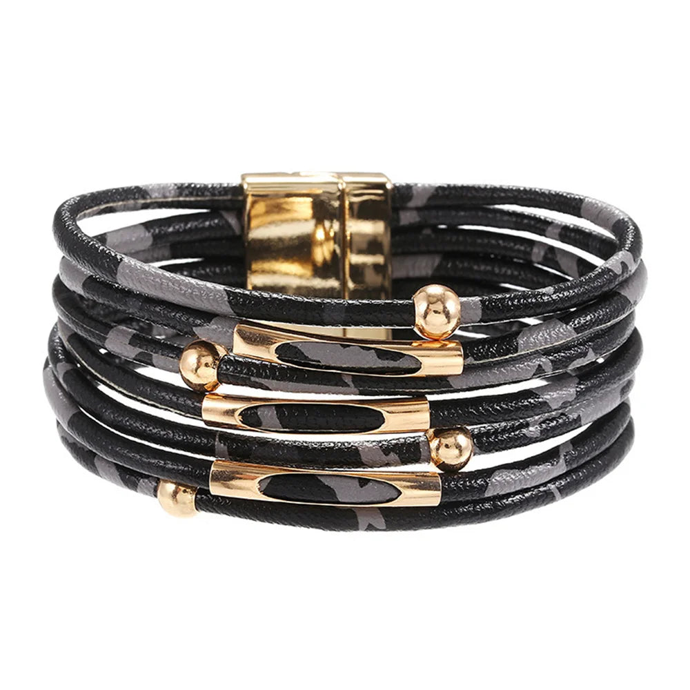 New Leopard Print Multi-Layered Aid Magnet Bracelet For Women Fashion PU Leather Bracelet Bohemian Party Jewelry Black