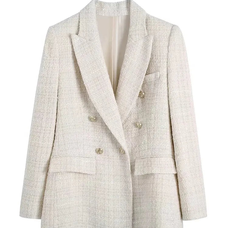 Women Fashion Tweed Double Breasted Blazer Coat Vintage Long Sleeve Flap Pockets Female Outerwear Chic Veste Femme