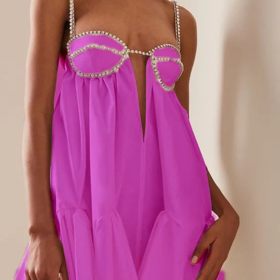 DEAT New Trendy Women's Diamonds Chain Pleated Sling Dress Spring Fashion Off-shoulder Sleeveless Dresses Female 33A1209 Magenta