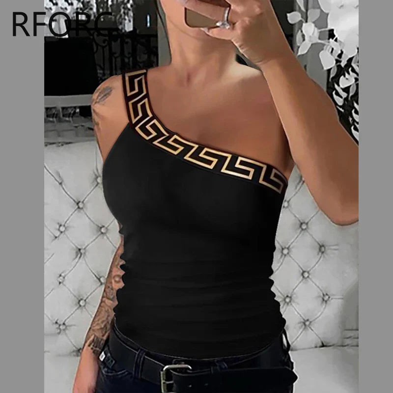 Women One Shoulder Geometric Pattern Sleeveless Sexy Skinny Camis Crop Tops