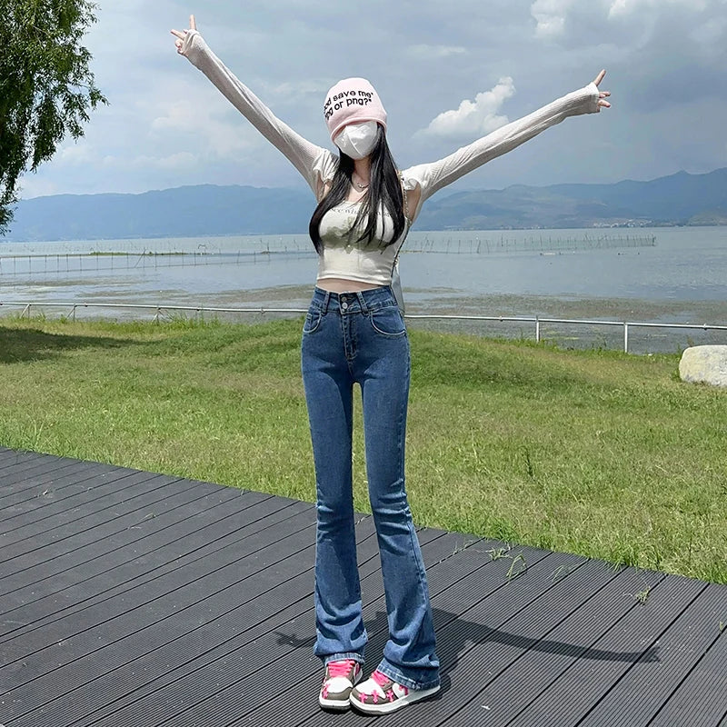 High Stretch Denim Jeans For Women's Slim Fit Wide Leg Design Sexy Long Female Boot Cut Pants