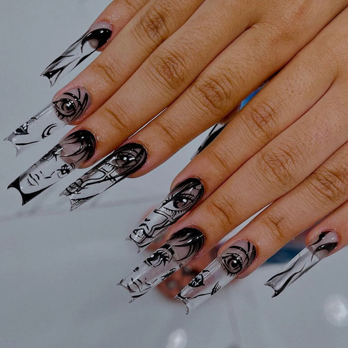 24pcs/set short sqaure almond fake nails geometric aurora gradient heart glitter designs faux ongles press on acrylic false nail