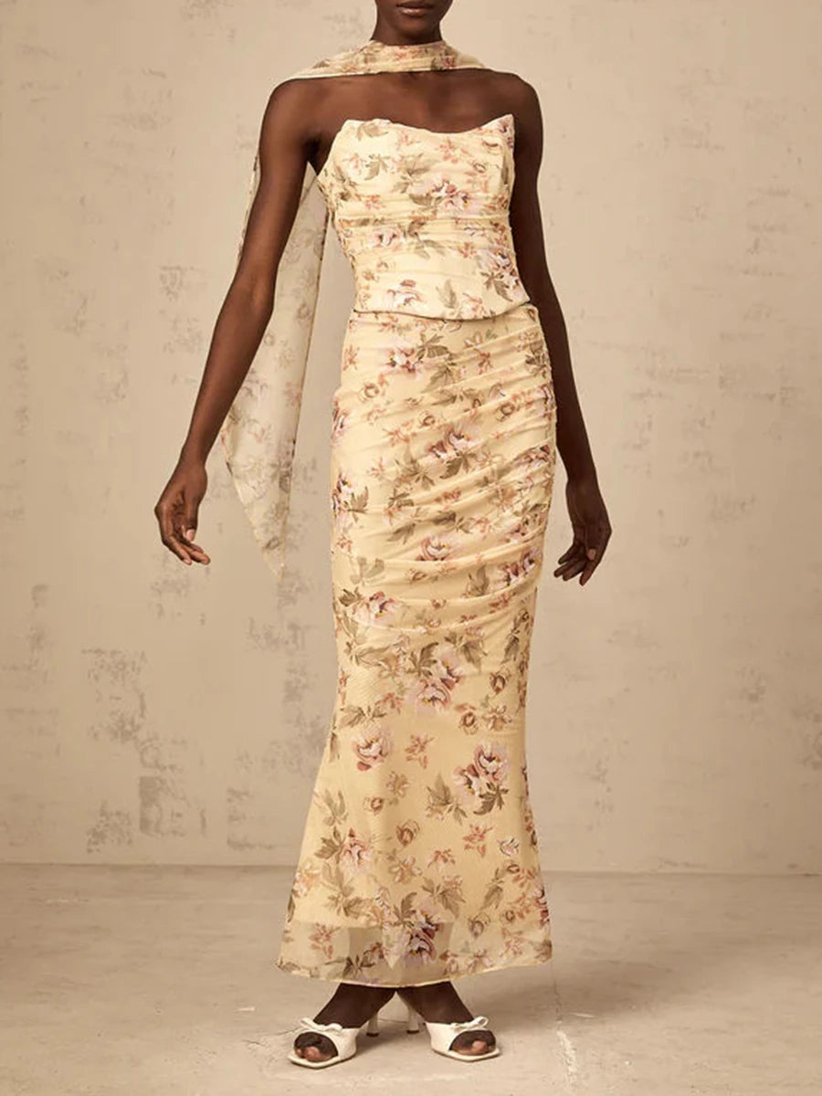 TWOTWINSTYLE Colorblock Slimming Spliced Mesh Dresses for Women Strapless Sleeveless Patchwork Printing Dress Female Clothing