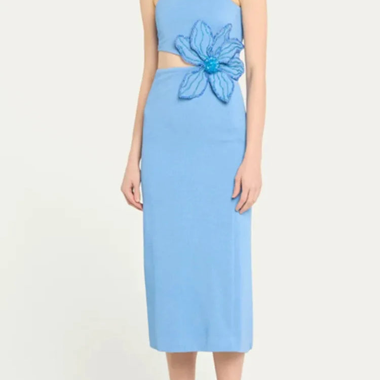 Bandage Dress Women Celebrity Sexy One Shoulder Cut Out Sky Blue Flower Midi Bodycon Elegant Evening Club Party Dress