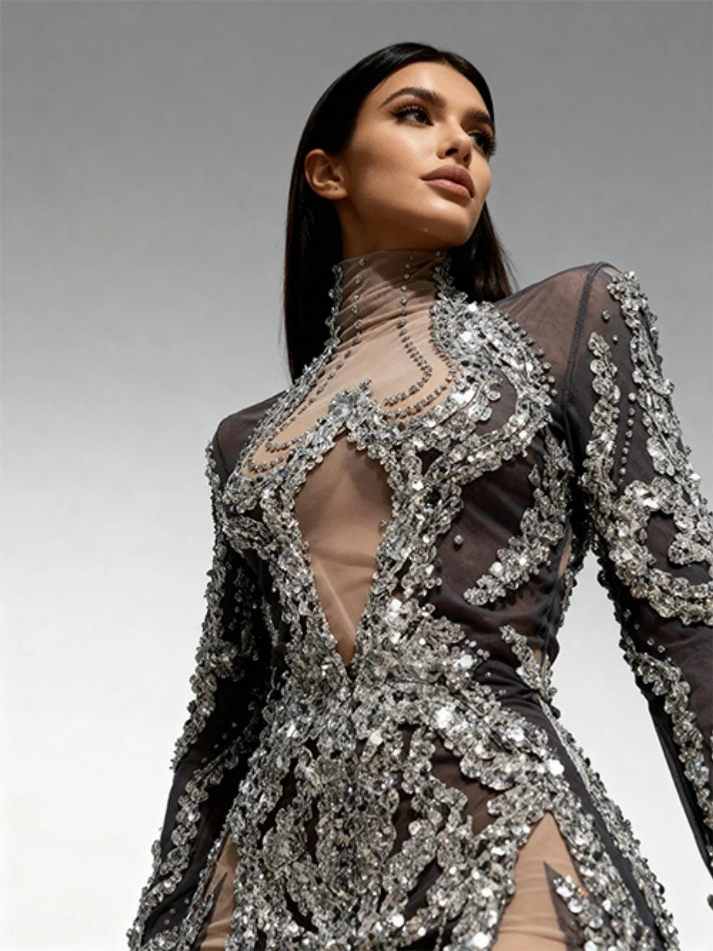 Women Sexy Mesh Sequins Stretchy Long Sleeve Sparkly Night Club See Through Singer Dancer Shining Stage Costume Mini Party Dress