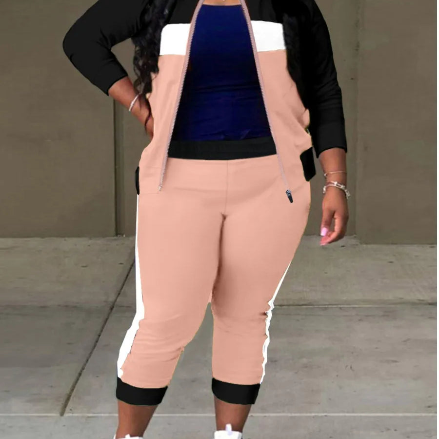 LW Plus Size Zipper Design Patchwork Pants Set Women Color Block Mandarin Collar Tracksuits Long Sleeve Two Pieces Outfits