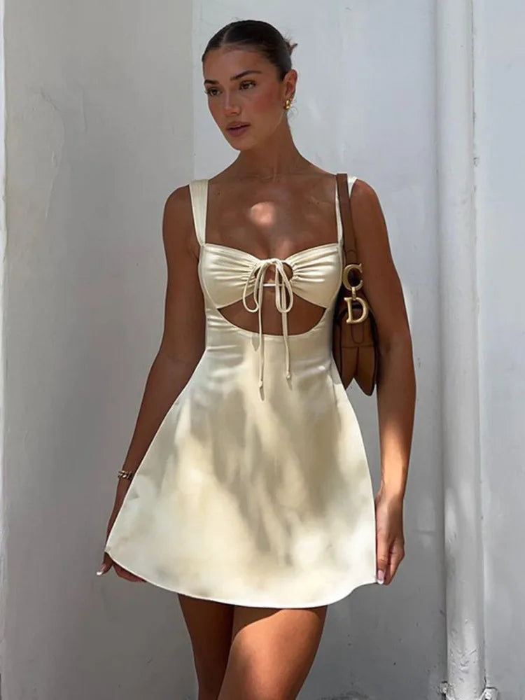 Hollow Out Bandage Sexy Mini Dress For Women 2024 Summer Spaghetti Sleeveless Backless Bodycon Club Party Dress
