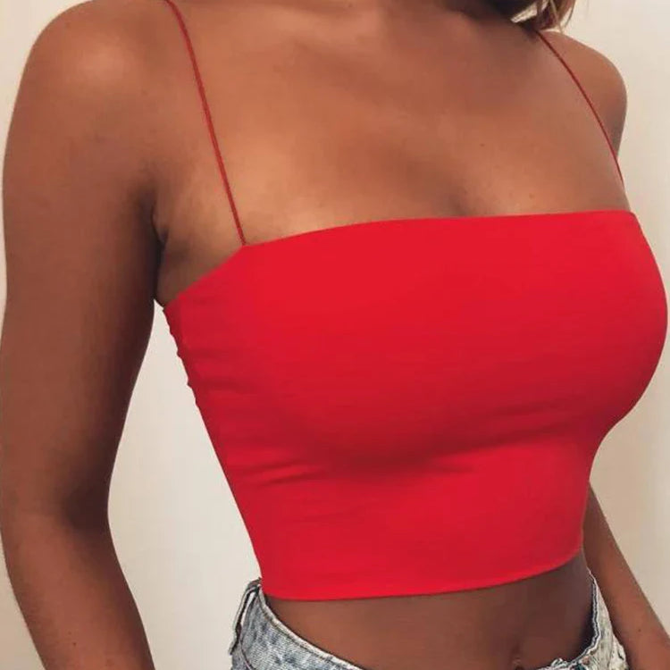 New Fashion Women Spaghetti Strap Crop Top Sexy Bodycon Sleeveless Cami Tube Top Basic Plain Camisole Red