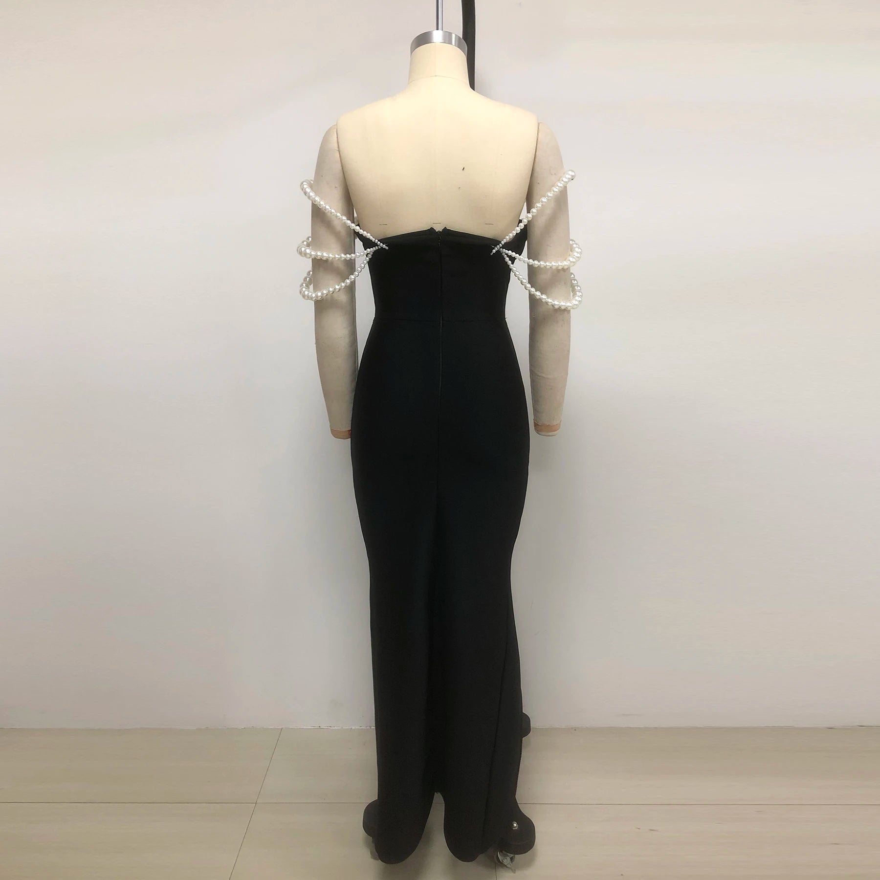 New Arrival Women Sexy Strapless Big Pearl Beading Bodycon Long Bandage Dress Celebrate Evening Party Red Carpet Fashion Outfit