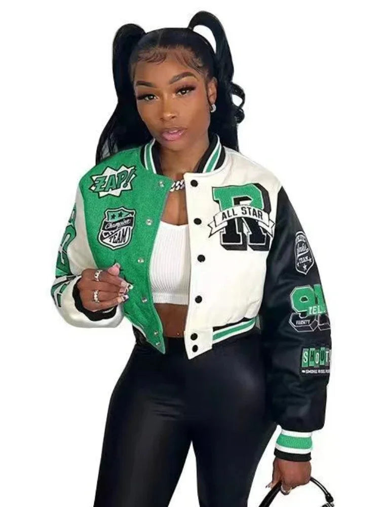 Women Overcoat Casual Letter Print Patchwork Baseball Uniform Jacket Round Neck Button Fall Coat Autumn Winter Short Jacket