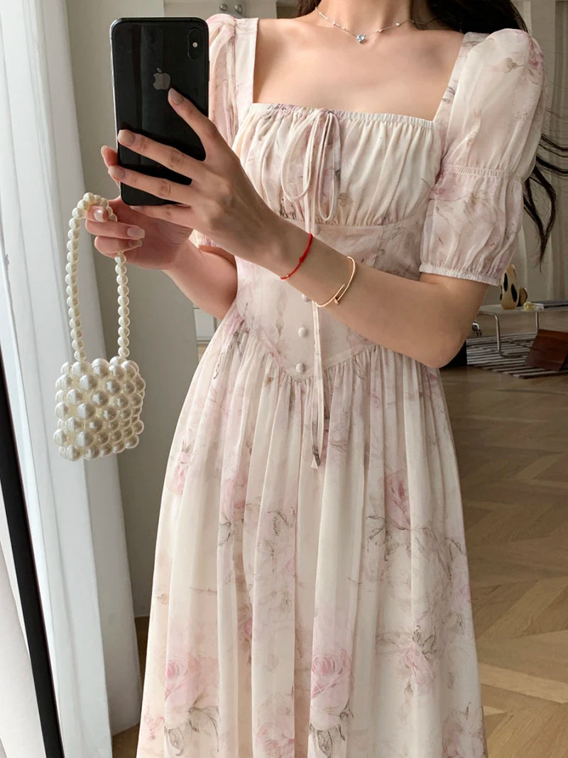 Summer Fashion French Retro A-Line Fairy Party Dress Female Floral Square Neck Lantern Sleeves High Waist Pleated Vest Dresses