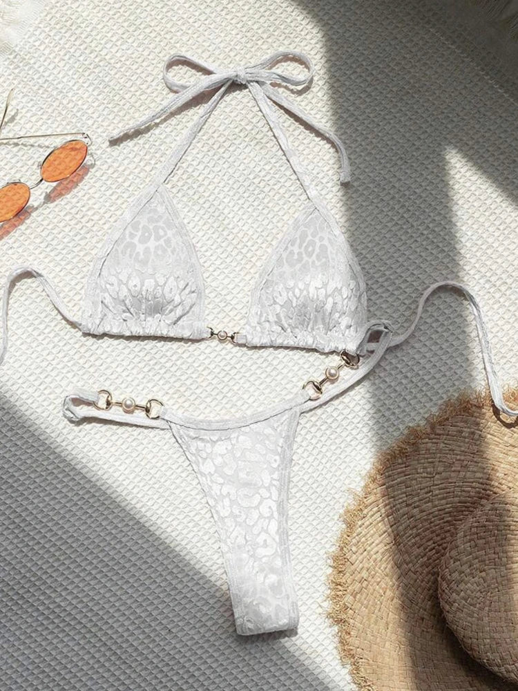 Sexy Leopard Print Glossy Bikini Women's 2-piece Thong Swimwear Suspender Lace-up Low Waist Backless Bathing Suit Beachwear WHITE