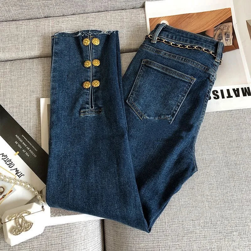 Gold Metal Button Jeans Women's High Waist Loose Slim Chain Lock Belt Pants Pure Cotton Wool Solid Color Elastic Beige Luxury 24