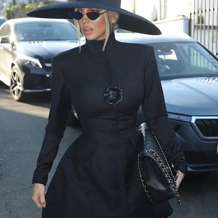 Chic Button Black Mini Dress Women Vintage Long Sleeve Solid High Collar High Waist A-line dresses Female Evening Party Vestidos