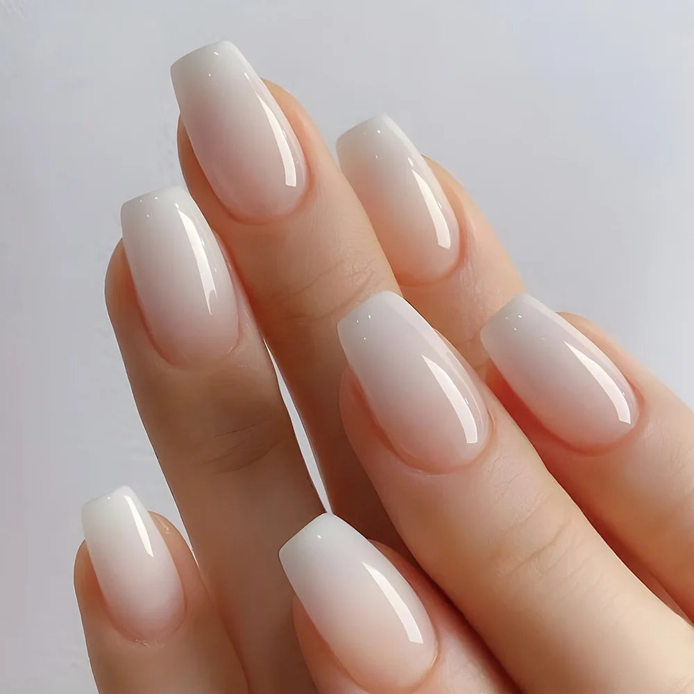 24pcs/set short fake nails gradient nude pink jelly glossy square ballet french tips Reusable faux ongles press on false nail