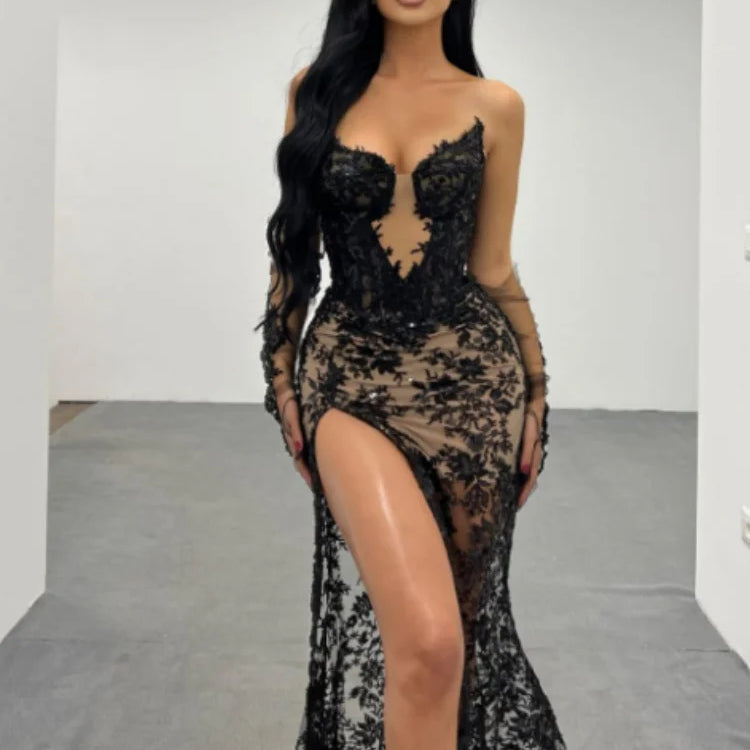Women Sexy Strapless Lace High Split Long Dress Gloves Celebraye Nightclub Party Birthday Photo Shoot Dress Vestido