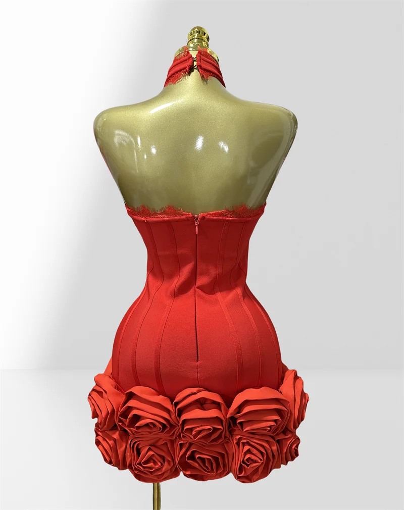 Stereoscopic Folwer Sexy Deep V-Neck Halter Sheath Red Bandage Mini Dress Sweet Woman Birthday Party Dress Music Festival Outfit