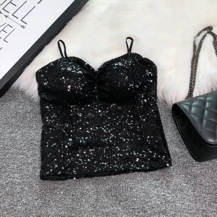 Women's Fashion Sexy Women Nick Sparkling Sequins Vest Harness At Night Binder Chest Black One Size
