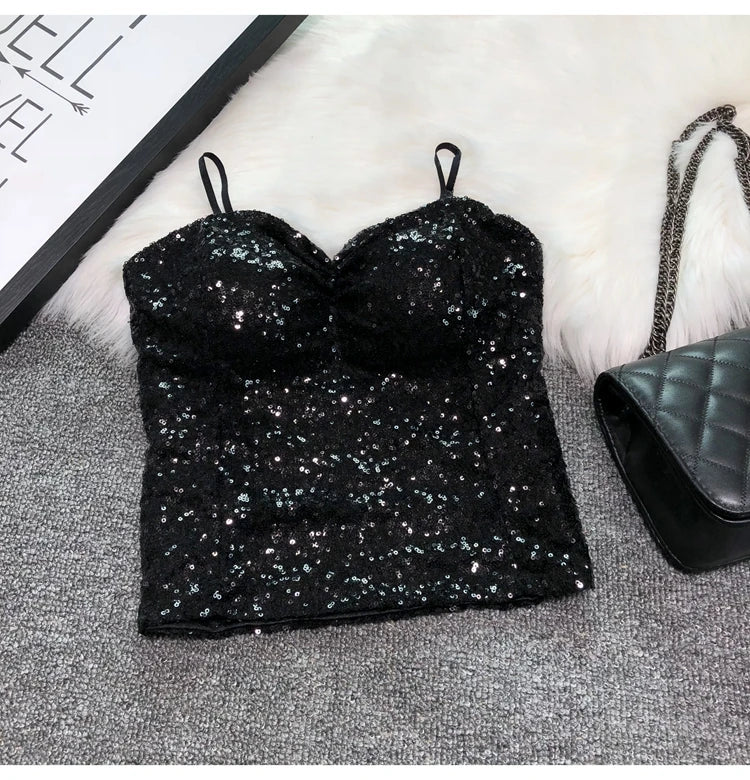 Women's Fashion Sexy Women Nick Sparkling Sequins Vest Harness At Night Binder Chest Black One Size