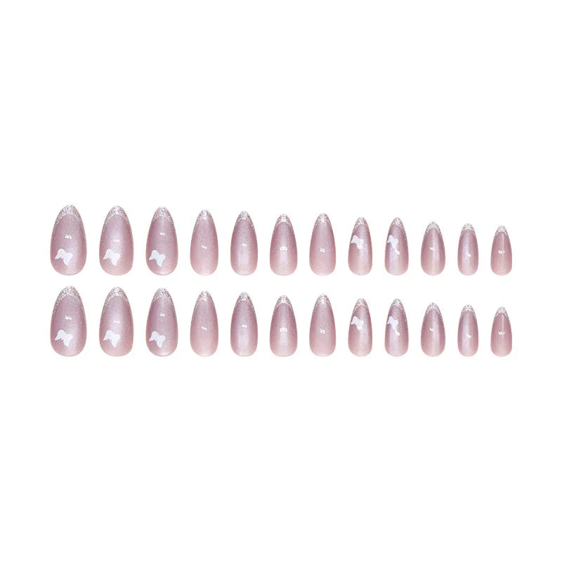 24pcs French Style Purple Cat Eyes Press on Nails White Butterfly Simple Almond Nails Full Cover Wearable False Nails