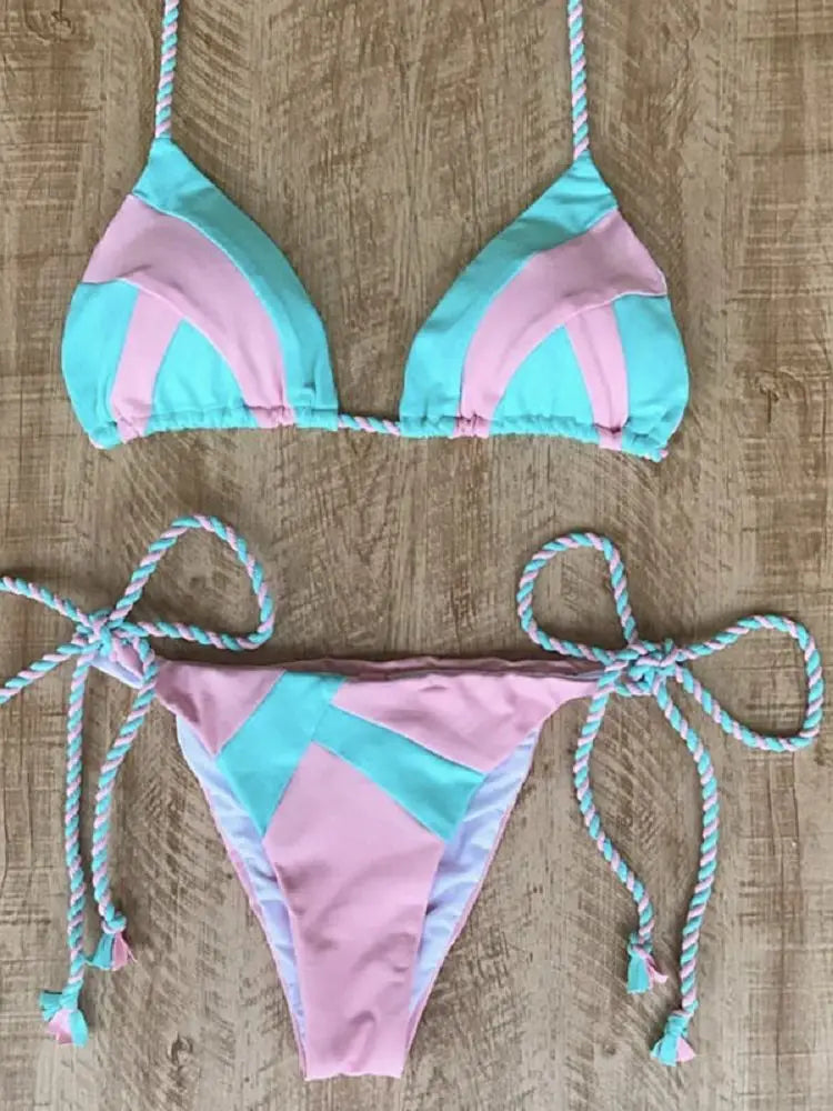 Sexy Halter Swimsuit Women Thong Micro Bikini Push Up 2023 Brazilian Bikini Tropical Plant Print Swimwear String Mini Swimsuit