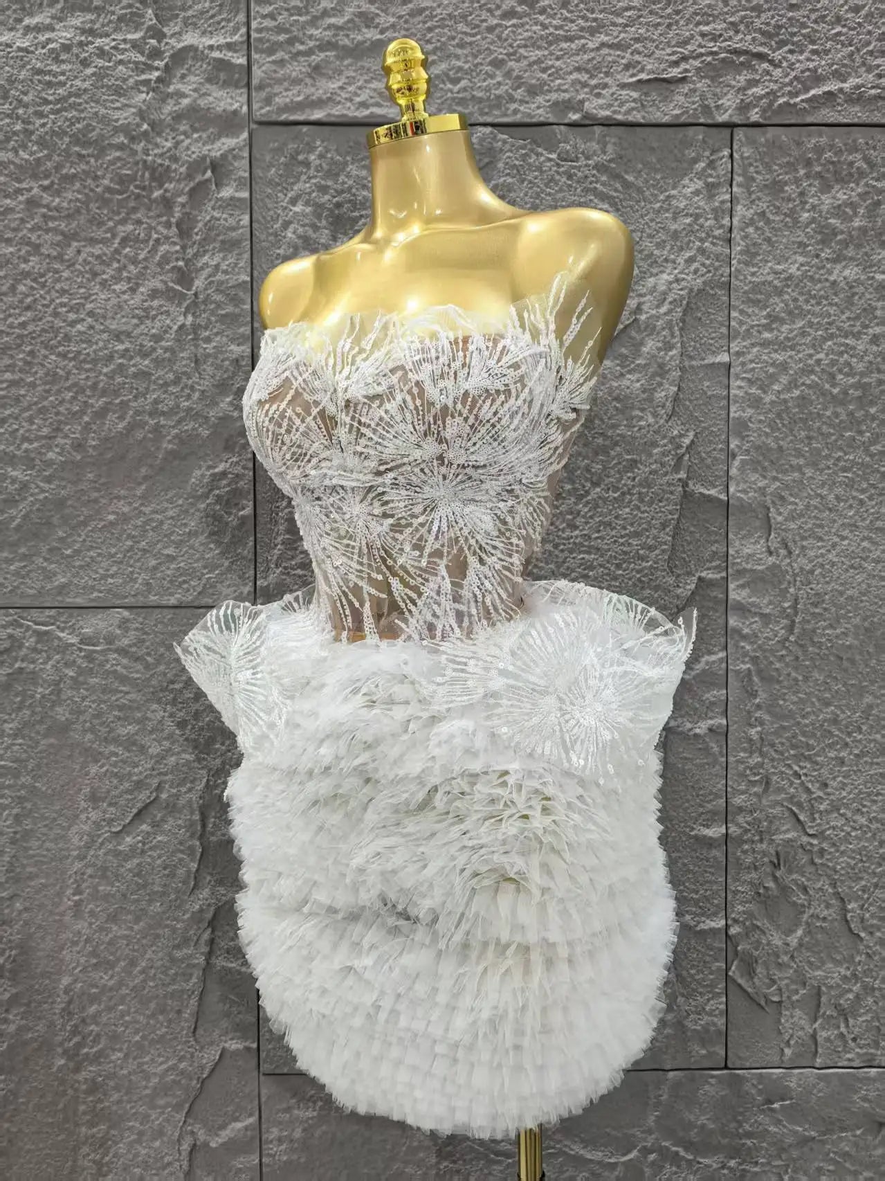 STOCK White Color Women Sexy Strapless 2 Pieces Ball Gown Mini Dress Celebrate Cute Birthday Party Photo Shoot Outfit Vestido