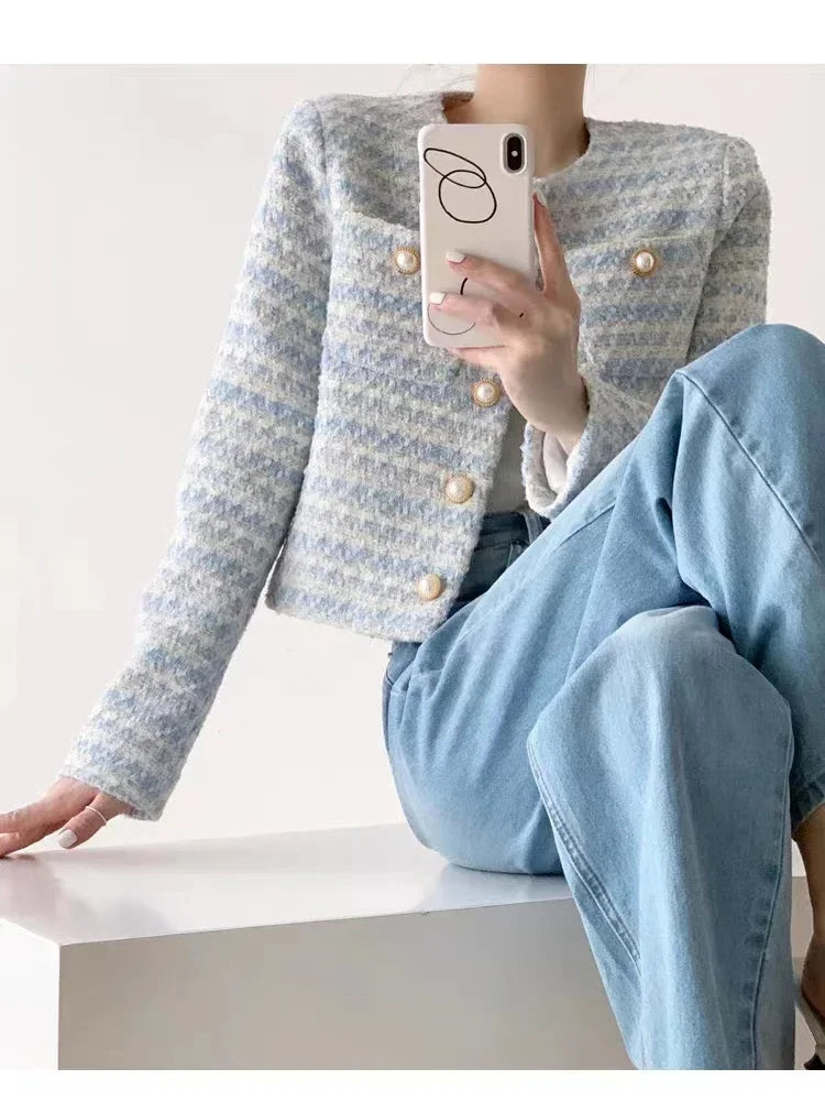 Autumn Winter Women Elegant Tweed Cardigan Short Coat With Pocket Single Breasted Jacket For Women Loose Outwear