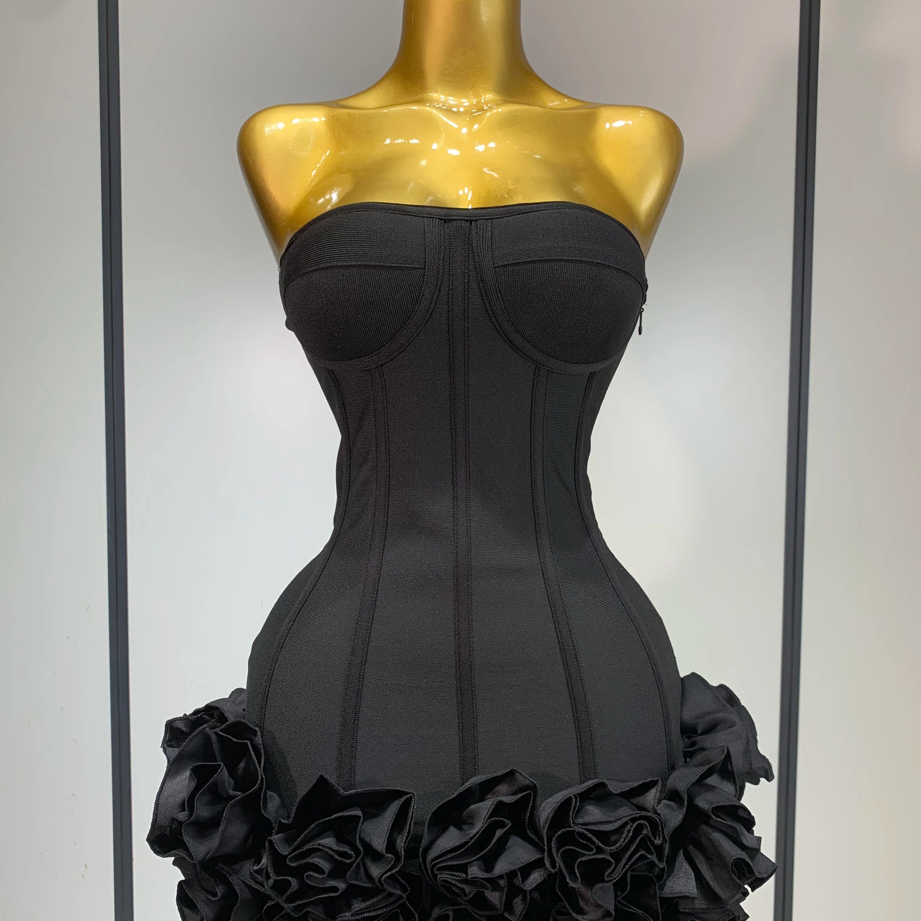 Women Evening Bandage Dress Strapless Bodycon Flowers Mini Celebrity Sexy Birthday Party Dresses Photo Shoot Nightclub Outfit