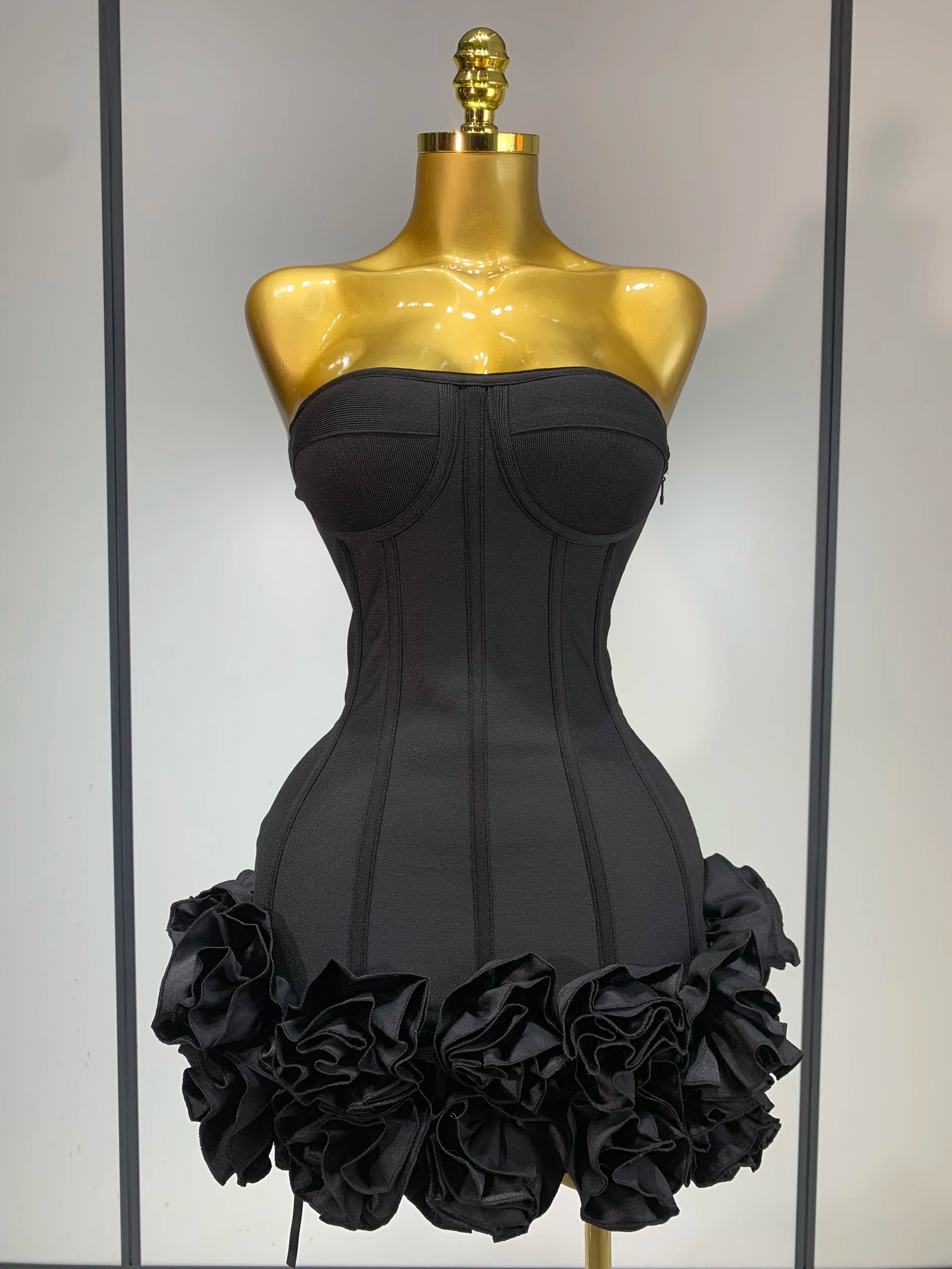 Women Sexy Strapless Flower Prom Gown Mini Dress Celebrity Red Carpet Fashion Evening Party Celebrate Birthday Club Dresses