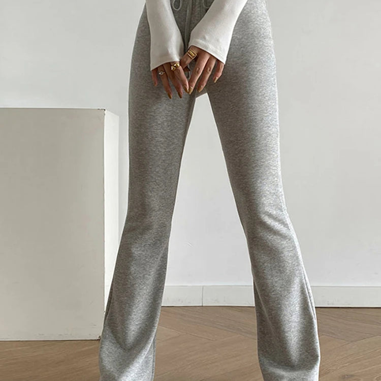 Women Leggings Gray Tie Up Elastic Sweatpants Flared Legging High Waist Pants Slim Casual Sports Black Pants Knitted Trousers