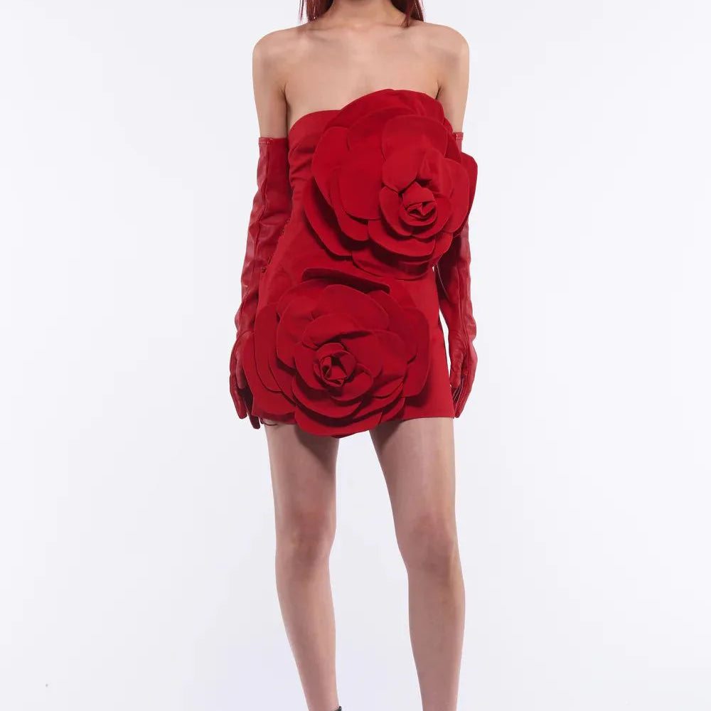 Red Color Women Sexy Florals Strapless Bodycon Mini Dress Fashion Cute Celebrate Birthday Party Cocktail Dress Wholesale