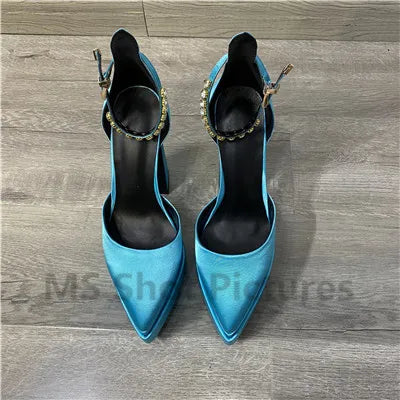 Luxury Women High Heel Shoes Platform Sandals Pointed Toe Woman Silk Pumps Sexy Rhinestone Buckle Chunky Heel Wedding Shoes