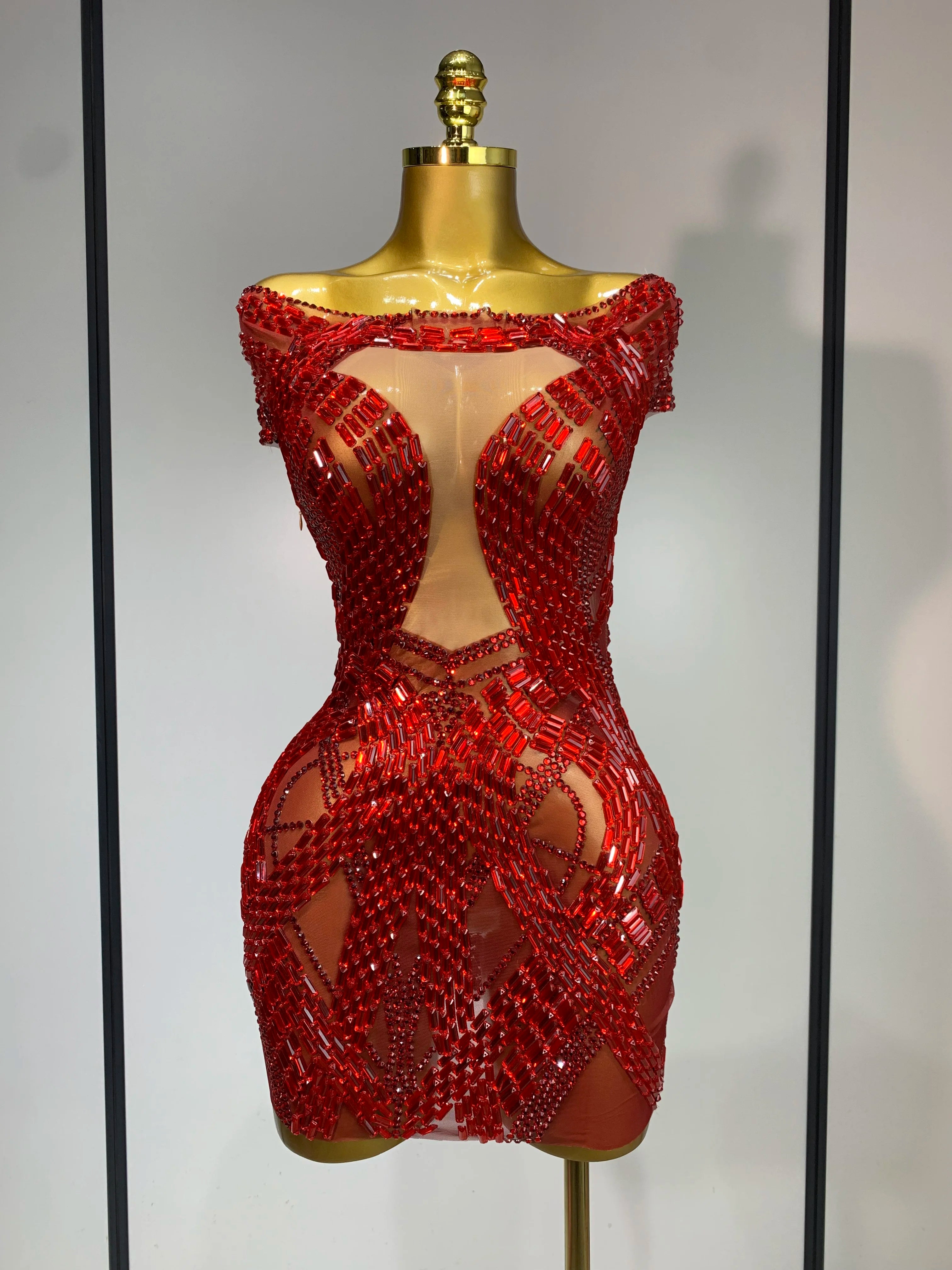 Luxury Rhinestones Sexy Mesh See Through Mini Dress Women Celebrate Birthday Evening Party Dress Stage Performance Costume