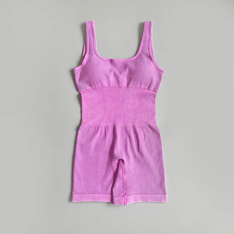 Women's Yoga Jumpsuits Ribbed One Piece Padded Tank Tops Rompers Sleeveless Acid Wash Activewear Unitard Sexy Bodycon Pink