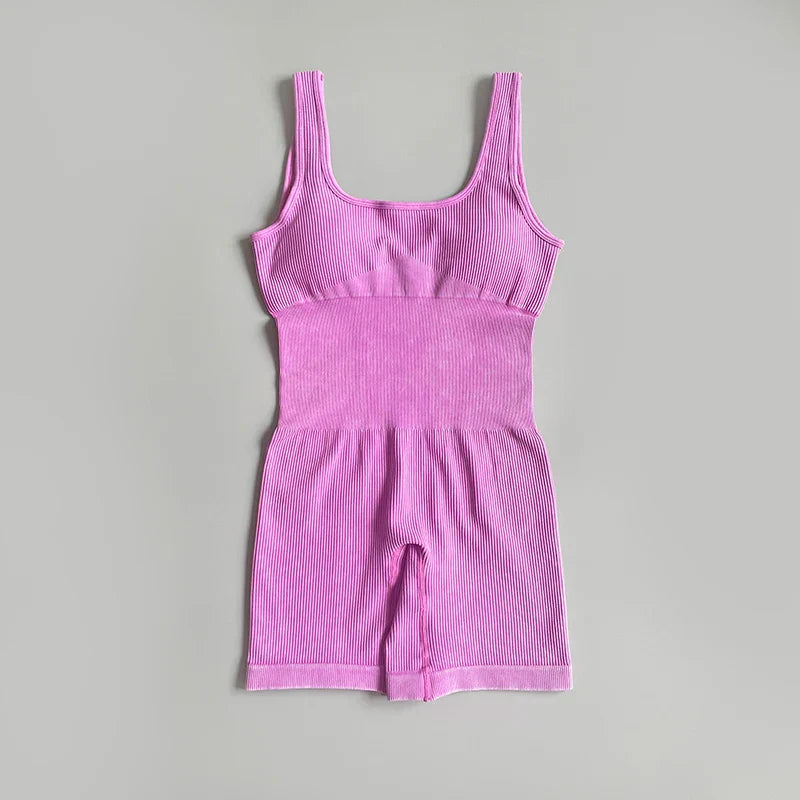 Women's Yoga Jumpsuits Ribbed One Piece Padded Tank Tops Rompers Sleeveless Acid Wash Activewear Unitard Sexy Bodycon Pink