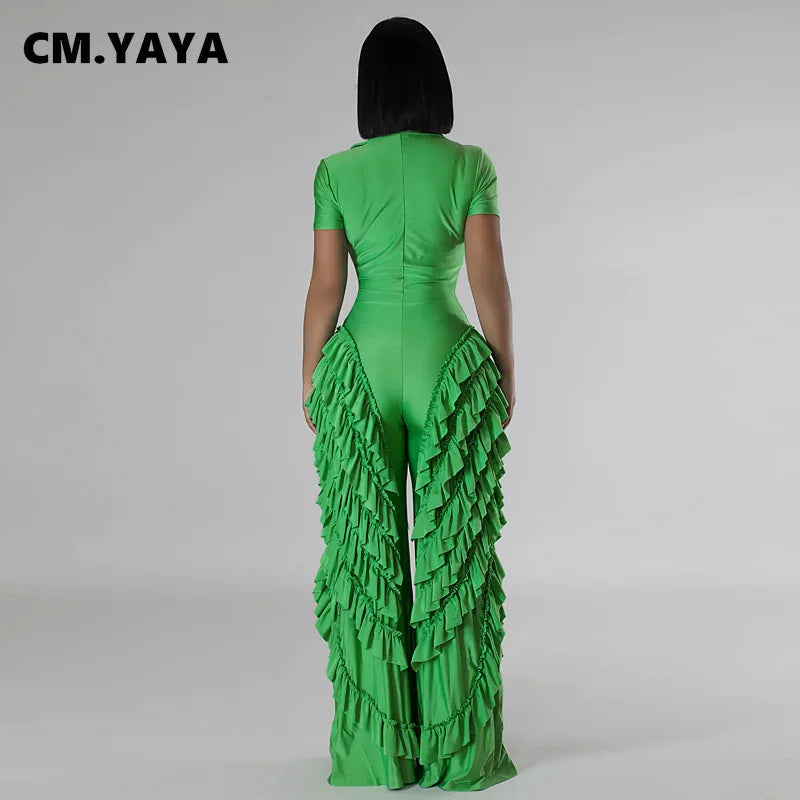 CM.YAYA Fashion Women Mult Ruffles Short Sleeve Zipper Fly Wide Leg Shirt Jumpsuit 2024 Streetwear Romper One Piece Set Playsuit