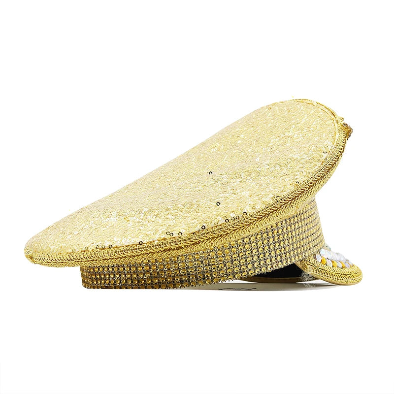 Hot Women Sequin Burning gold Bride Military Hat Handmade Sailor Captain Sergeant Hat Birthday Festival Part Hat
