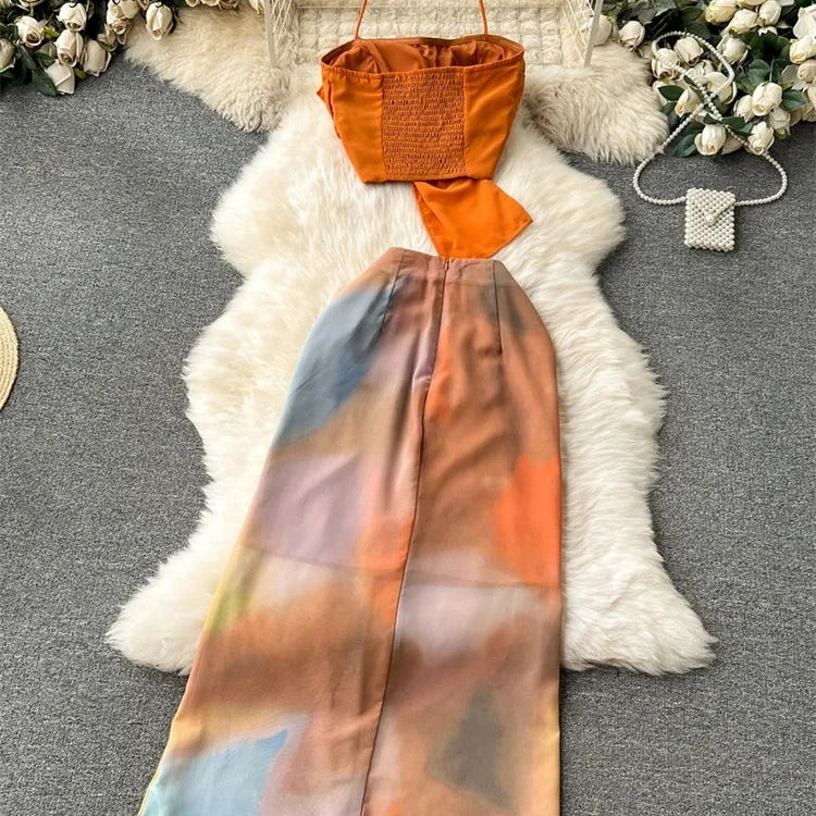 SINGREINY High Quality Holiday Suits Strapless Halter Strapless Top+Zipper Tie Dye Skirt Female Fashion Sexy Two Pieces Suit